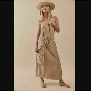 Free People Cargo Skirtall Overalls Utility Dress Jumper XS Mustard (tan) NEW